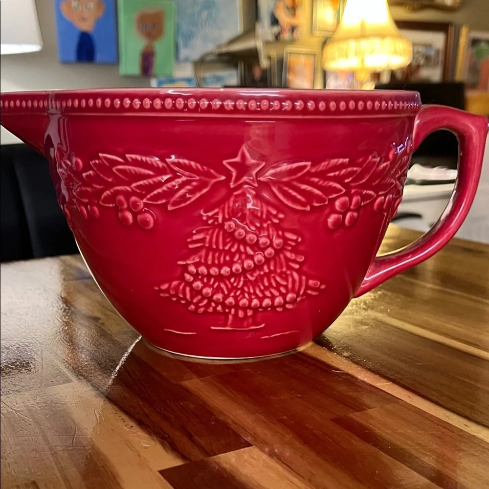 Sur La Table Festive Red Holiday Batter Bowl with Handle and Spout